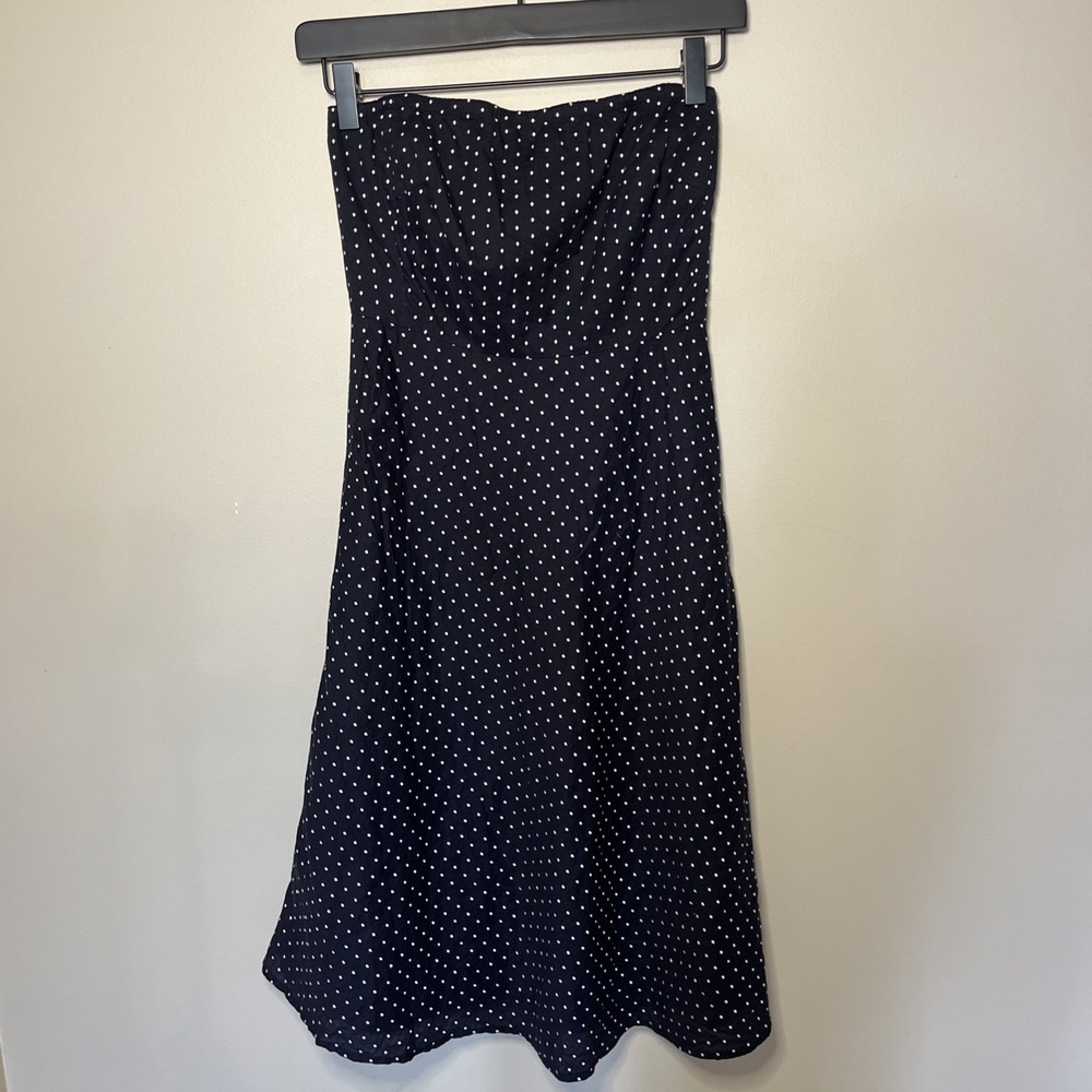 J. Crew Y2K Strapless Polka Dot Cotton Dress Navy Blue Lined Sz 0 Petite